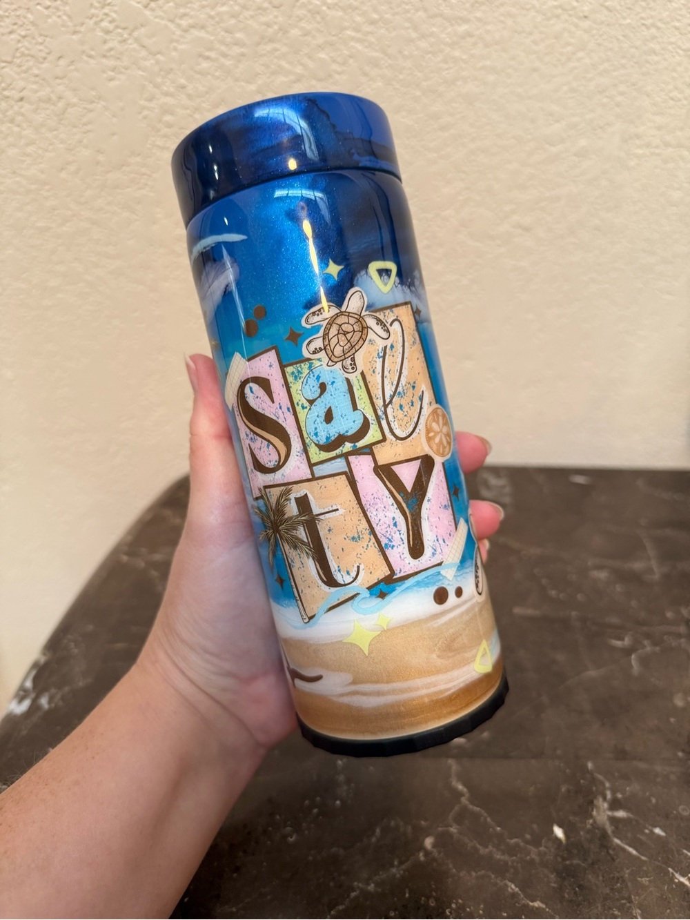Salty Ocean Waves Swirl Glitter 12 oz Skinny Can Cooler Handmade